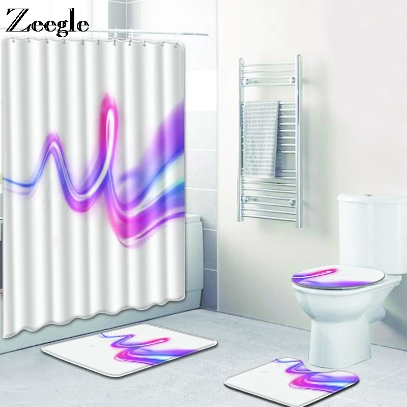 Zeegle Shower Curtain and Bath Mat Set Washable Toilet Foot Rug Toilet Absorption Foot Carpet Modern Mat Bathroom Decoration Mat