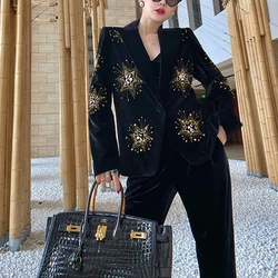 Manga longa lantejoulas frisado jaqueta de alta qualidade senhoras terno de lapela luxo bordado fino elegante designer clube festa jaqueta