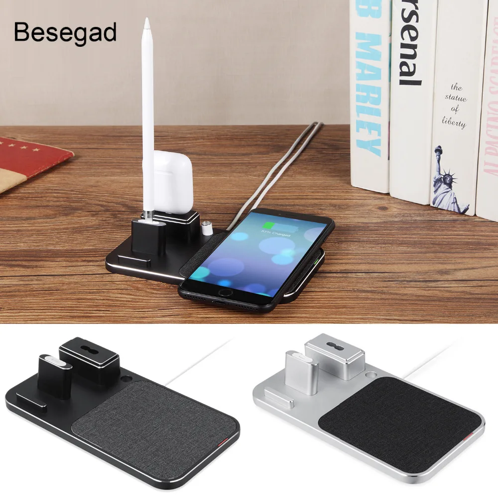 

Besegad 4-in-1 Fast Wireless Charging Stand Charger Holder for 7.5W iPhone 8 Plus Apple Pencil iPad Airpods 10W Samsung S9 Plus
