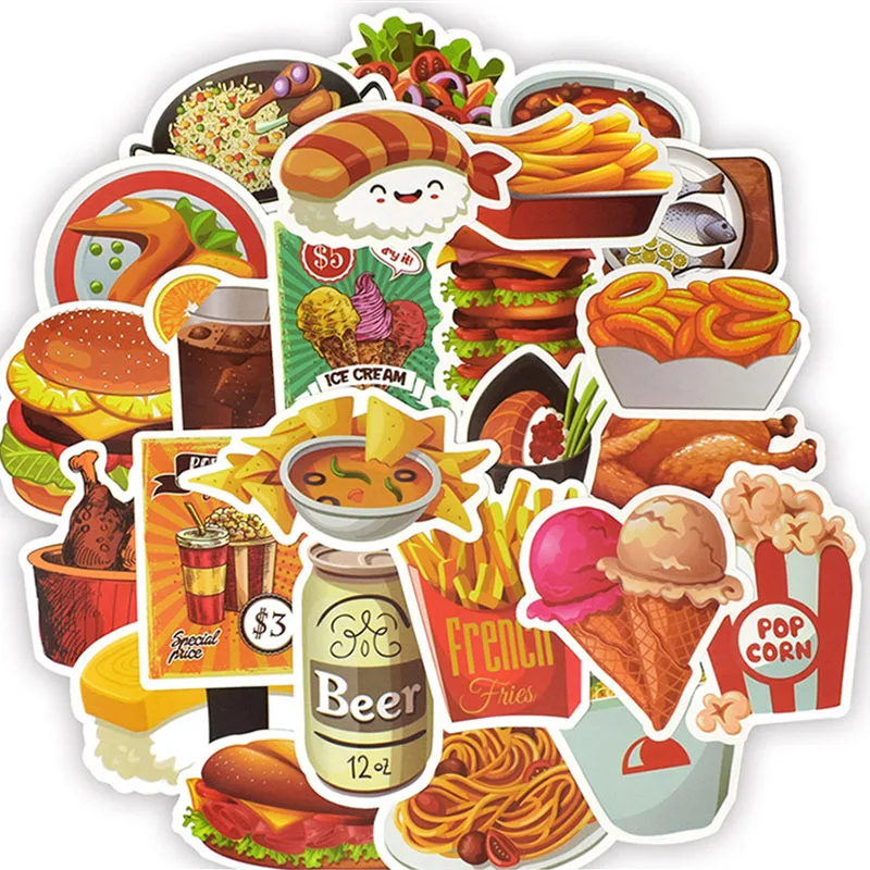 

50Pcs Fast Food Stickers Toys for Children Tasty Hamburger Fries Ice Cream Menu Decals Sticker to DIY Fridge Laptop Guitar Car