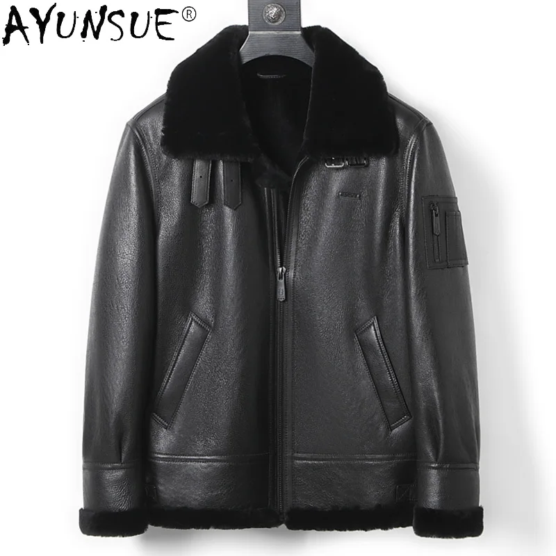 

AYUNSUE Men's Natural Fur Coat Winter Genuine Sheepskin Leather Jacket Male Short Black Korean Leather Coats Ropa Hombre SQQ807