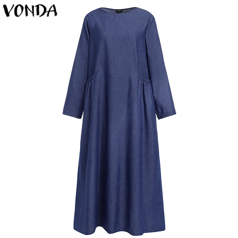 VONDA/осеннее однотонное платье с длинным рукавом размера плюс, богемные вечерние платья макси, повседневное пляжное платье с круглым вырезом, Femme Robe 5XL Vestidos