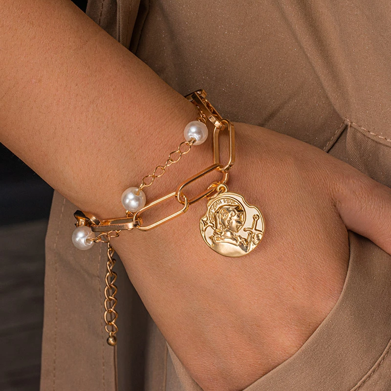 Señora brazalete acero inoxidable dorado perlas pulsera cirujana brazalete joyas nuevo