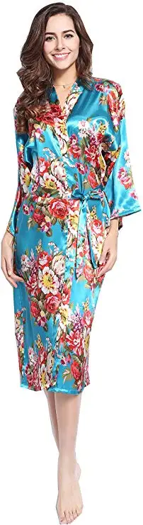 Женское ночное белье с цветочным принтом, кимоно, платье невесты, свадебное платье, шелковистый Повседневный большой халат размера, домашняя одежда, нижнее белье - Цвет: lake blue