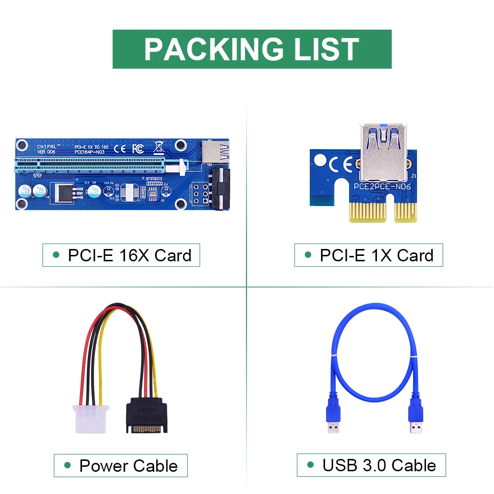 CHIPAL VER006 60CM PCIe PCI-E 1X to 16X Riser Card Extender SATA to 4Pin Power Cord USB 3.0 Data Cable for BTC Miner Bitcoin-5