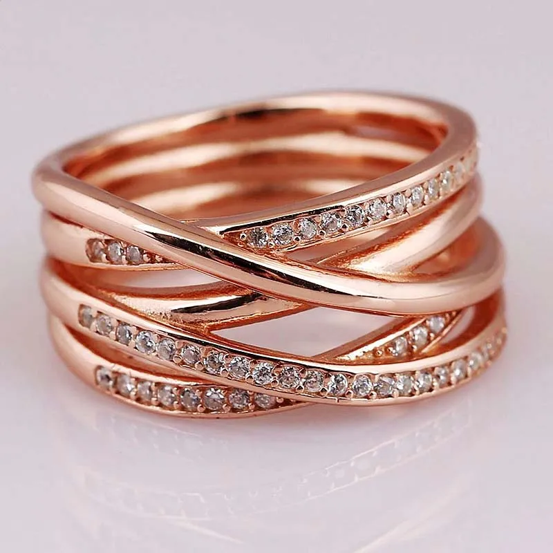 

Rose Gold Openwork Eternity Entwined Crystal Rings For Women 925 Sterling Ring Wedding Party Gift Europe Jewelry