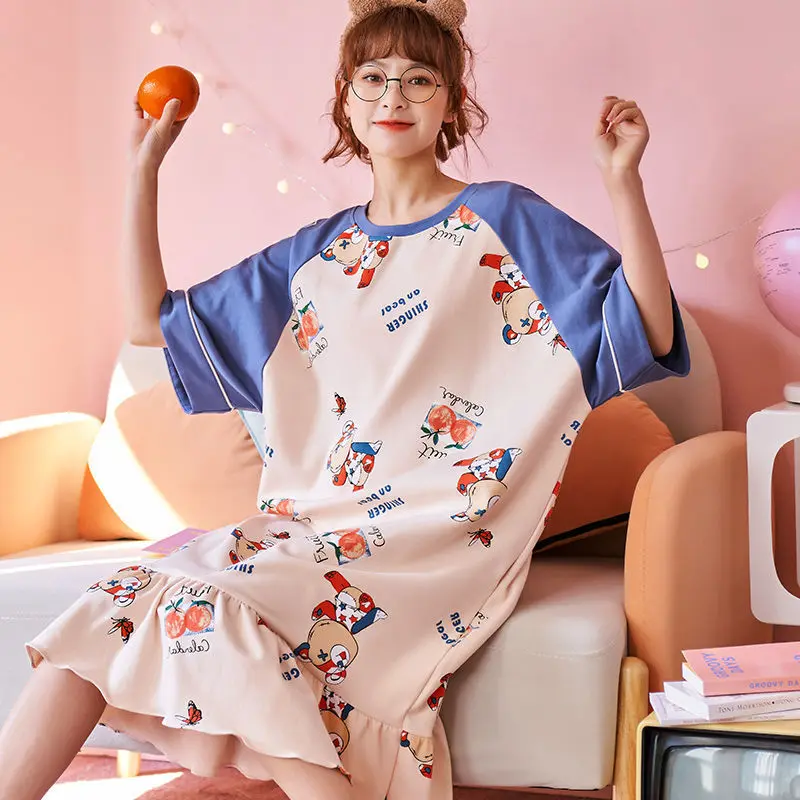 

Ночная рубашка женская летняя с коротким рукавом тонкий секционный Милый хлопковый длинный секционный выше колена для студентов Новинка 2021 модное Трендовое платье