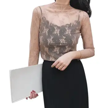 

Women Mesh High Elastic High Collar Perspective Solid Color Slim Bottoming Long-Sleeved T-Shirt New