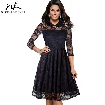 

Nice-forever Elegant Floral Hollow out Lace Black Dresses Celebrity Retro A-Line Formal Women Dress btyA030