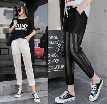 

2020 Top Fashion Splicing mesh Women Pants Women Casual High Waist Jogging Pants Drawstring Loose Trousers Pantalon Motion pants