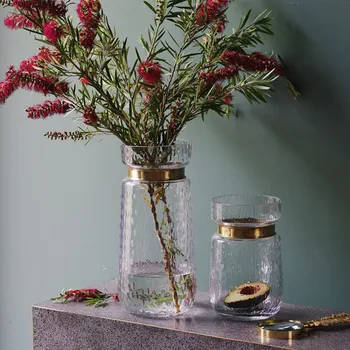 

European-style Metal Transparent Glass Vase Manually Blown Metal Ring Inlaid Flower Flower