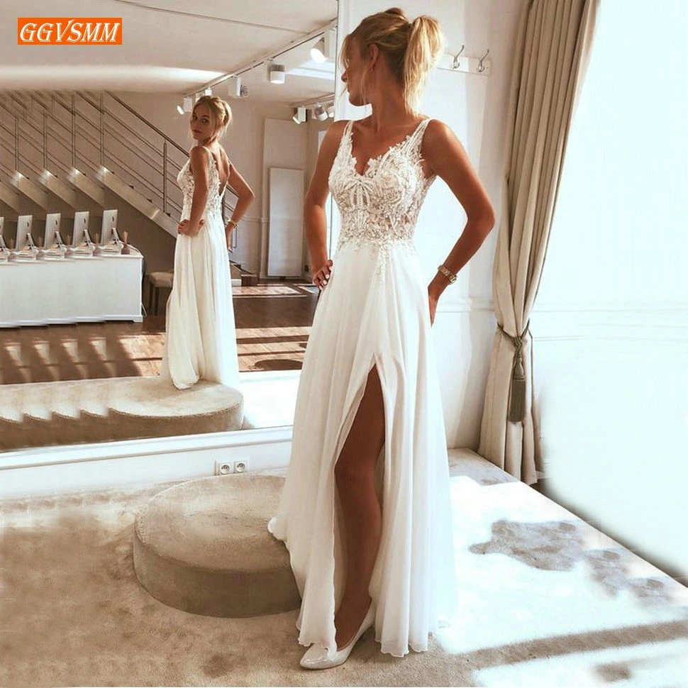 

Stylish Boho White Chiffon V Neck Evening Dresses Long Women Lace Applique Formal Dress A Line Side Slit Customized Evening Gown
