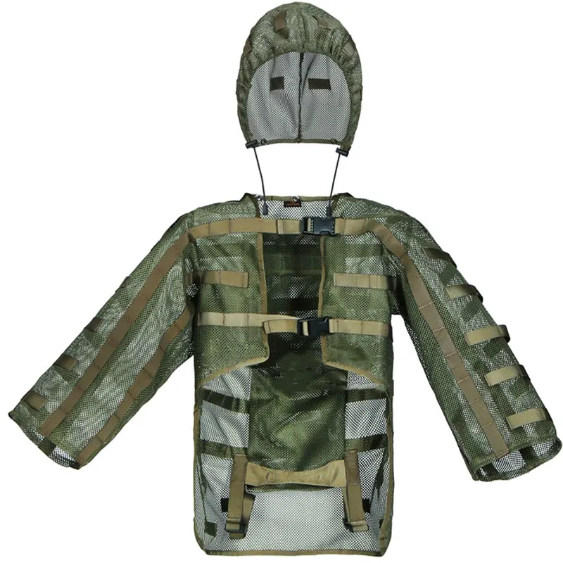 

Army Tactical Camouflage Clothes Men Hunting Nylon Mesh Ghillie Suit Tops Back with 3L Water Bag Pocket Removable Hat