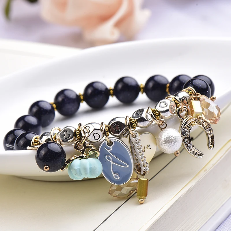 Fashion Natural Blue sandstone Beads Bracelets Quartz Streche Bracelet Elastic Cord Pulserase Jewelry Lovers Woman Gift | Дом и сад