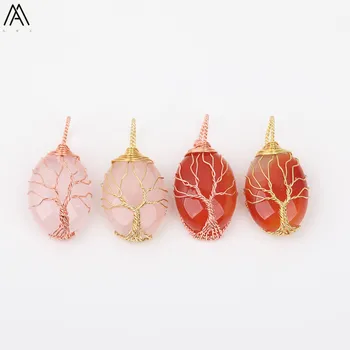 

5pcs/Lot Natural Onyx Stone Charms Pendant Gold Wire Wrapped Pink Quartz Tree Of Life Water Drop Pendant Necklace DSS-254AMH