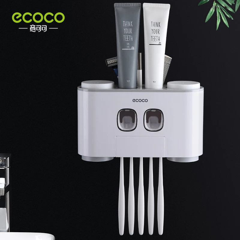 ECOCO Wall Mount Automatic Toothpaste Squeezer Dispenser Toothbrush Holder Bathroom Accessories Storage Rack 4 Cups toothpaste squeezer,toothpaste dispenser,bathroom accessories set