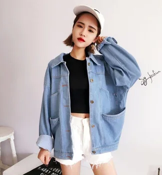 

Turn-down Collar Women Denim Jacket Vintage Cotton Long Sleeves Loose Jeans Jackets Woman Casual Harajuku Denim Coat Veste Jean