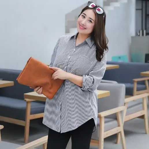 Blusas mujer de moda женские блузки летние большие белые полосатые блузки с отложным воротником OL тонкие блузы рубашки M962