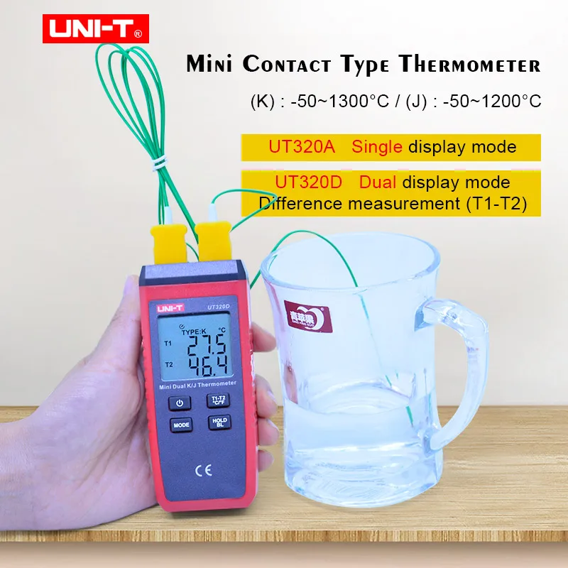 

UNI-T UT320A UT320D Thermometer Thermocouple Mini Contact Type Single/Dual Channel K/J Temperature Meter Data hold MAX/MIN/AVG