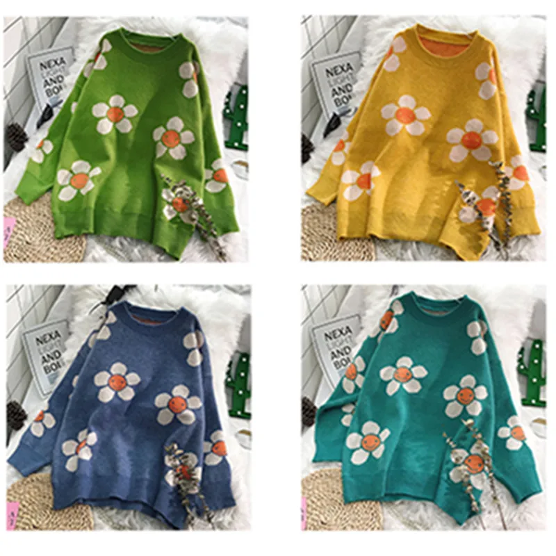  Women 2019 Warm Autumn Winter Sweaters Loose Big Flowers Floral Jumper Casual Young Girls Party Out