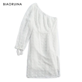 

BIAORUINA Women's Polka Dot Flocking White Asymmetrical Dress Female High Waist Fashion Dress Vestidos Ribbon Sleeve