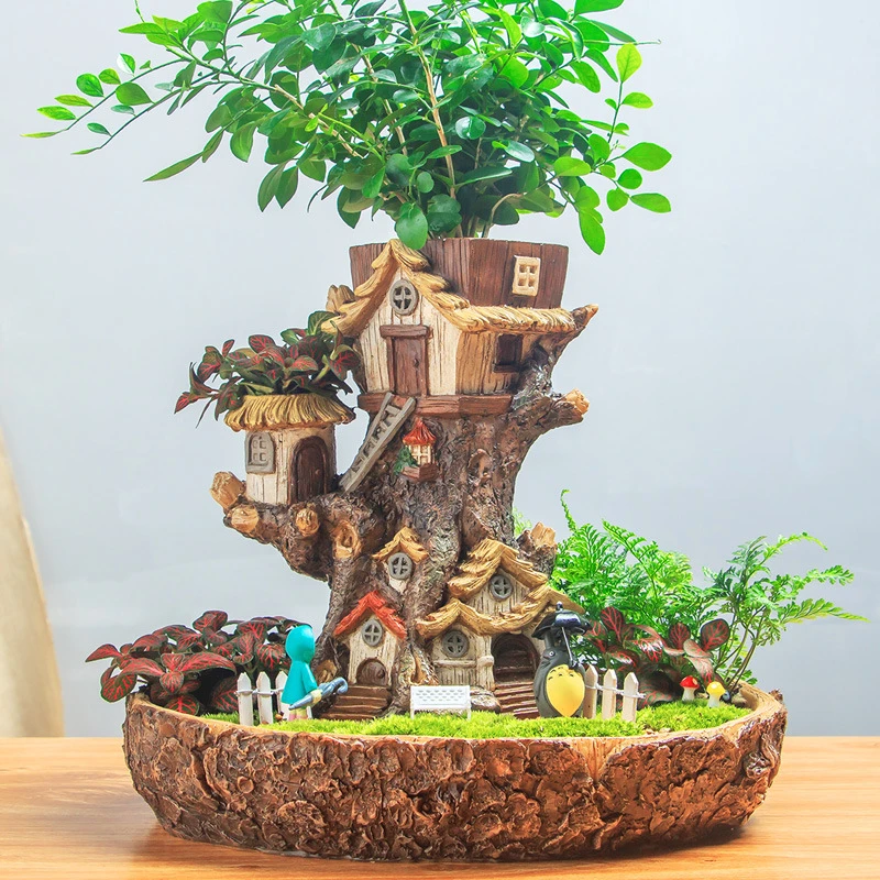 樹脂製のミニチュア植木鉢,モダンな妖精の植木鉢,ツリーハウスの漫画の 