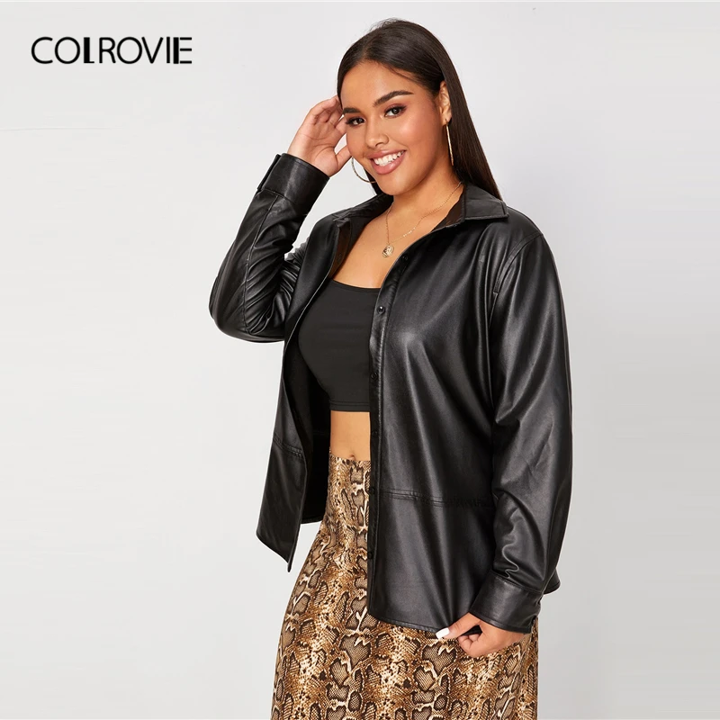 Ideal COLROVIE Plus Button Front Belted PU Leather Jacket Women 2019 Fall Ladies Black Jackets Casual Sin