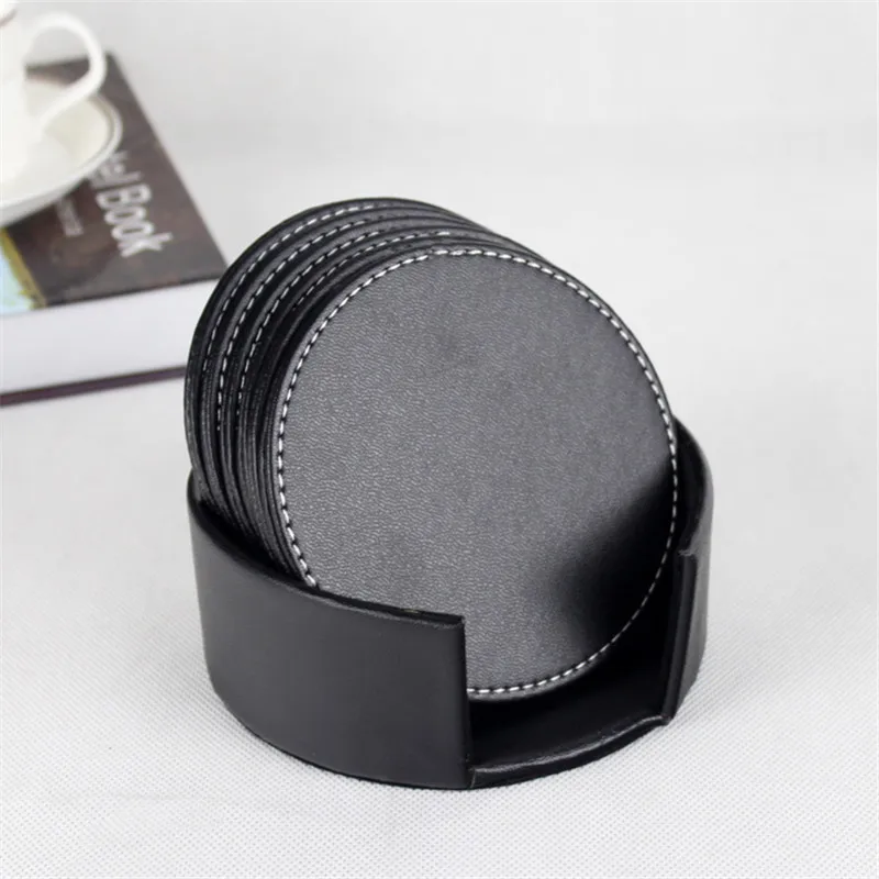 6pcs Set PU Leather Coaster Cup Mat Black Round Square Pad With Storage Box Heat Resistant Waterproof Coaster Home Decoration