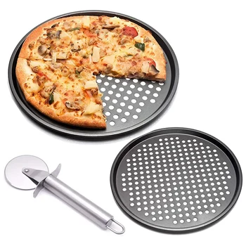 

2Pcs 12 Inch Pizza Baking Pans with Holes Round Crispy Crust Pizza Baking Tray Non-Stick Bakeware Set with Pizza Cutter