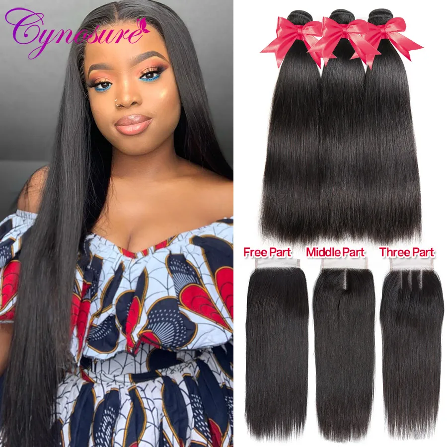 Cynosure Peruvian Straight Hair Weave 3 Bundles with Closure Natural Black Remy Human | Шиньоны и парики