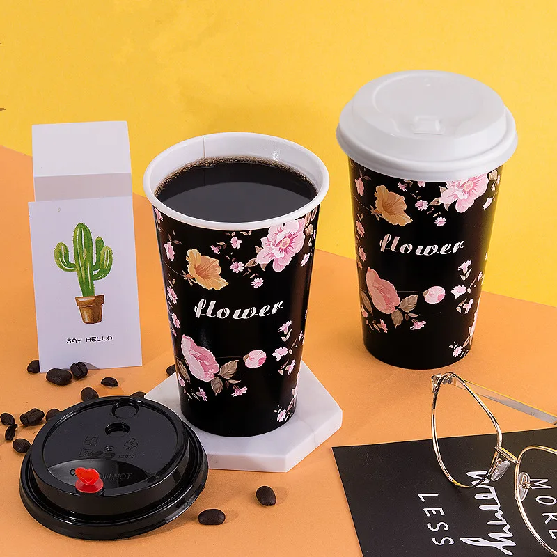 

50pcs High quality thickening black disposable milk tea cup wedding birthday party favor coffee hot drink paper cups with lids