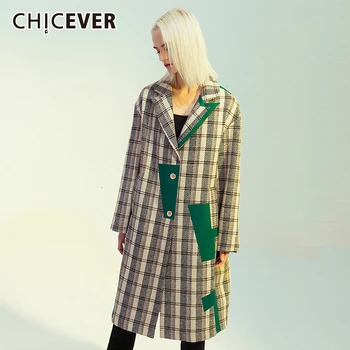 

CHICEVER Patchwork PU Leather Plaid Knitting Coat Women Lapel Collar Long Sleeve Hit Color Jacket Female 2020 Autumn Fashion New