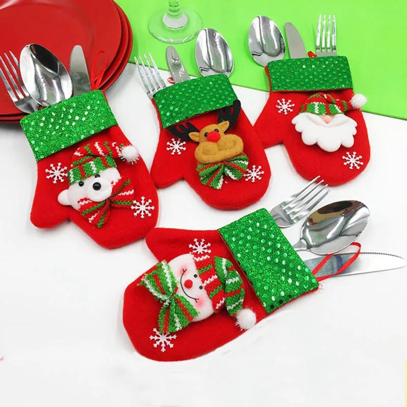 

Santa Hat Reindeer Christmas New Year Pocket Fork Knife Cutlery Holder Bag Home Party Table Dinner Decoration Tableware Only Bag