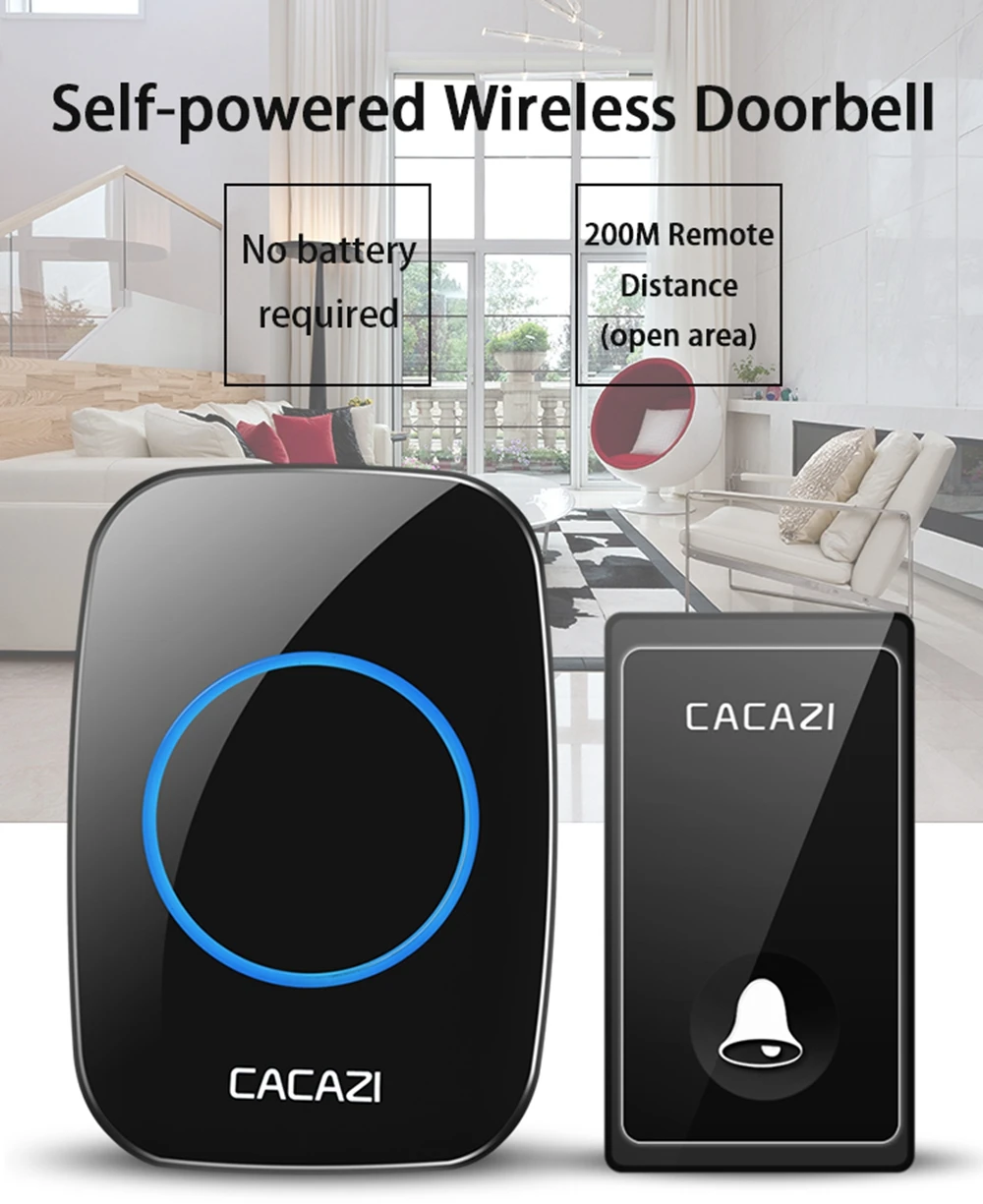 CACAZI не требуется батарея беспроводной дверной звонок автономный 58 курантов США ЕС Великобритания штекер умный дом дверной звонок 1 2 кнопки 1 2 приемника