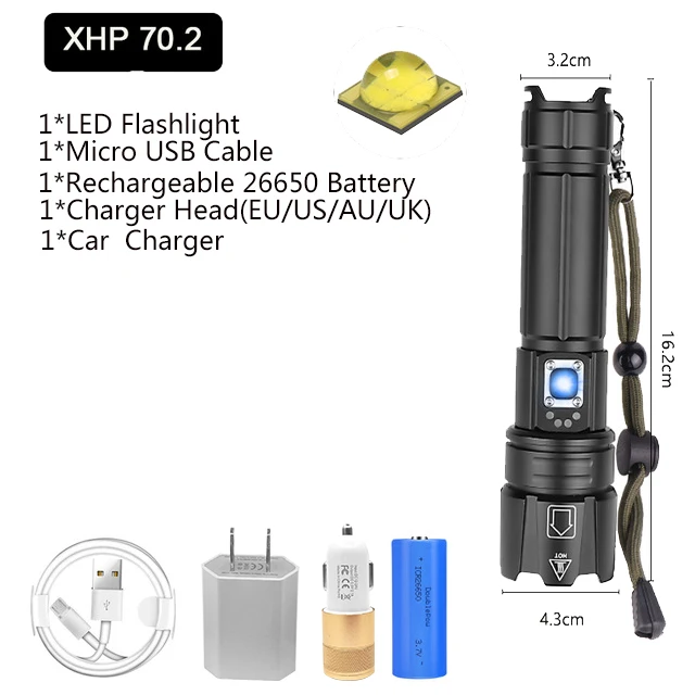 Мощный фонарик XHP70.2, перезаряжаемый через USB, светодиодный фонарь, тактический фонарь XHP50, Xlamp, фонарик с зумом, водонепроницаемый фонарь, 18650 - Испускаемый цвет: Package  H
