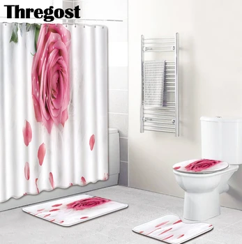 

Thregost Heart Print Bath Room Rugs Toilet Carpet Set 3pcs Rose 3D Toilet Seat Cover Water Absorbent Mat with Shower Curtain