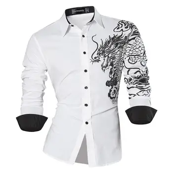 

Sportrendy Men's Shirt Dress Casual Long Sleeve Slim Fit Fashion Dragon Stylish JZS041 White