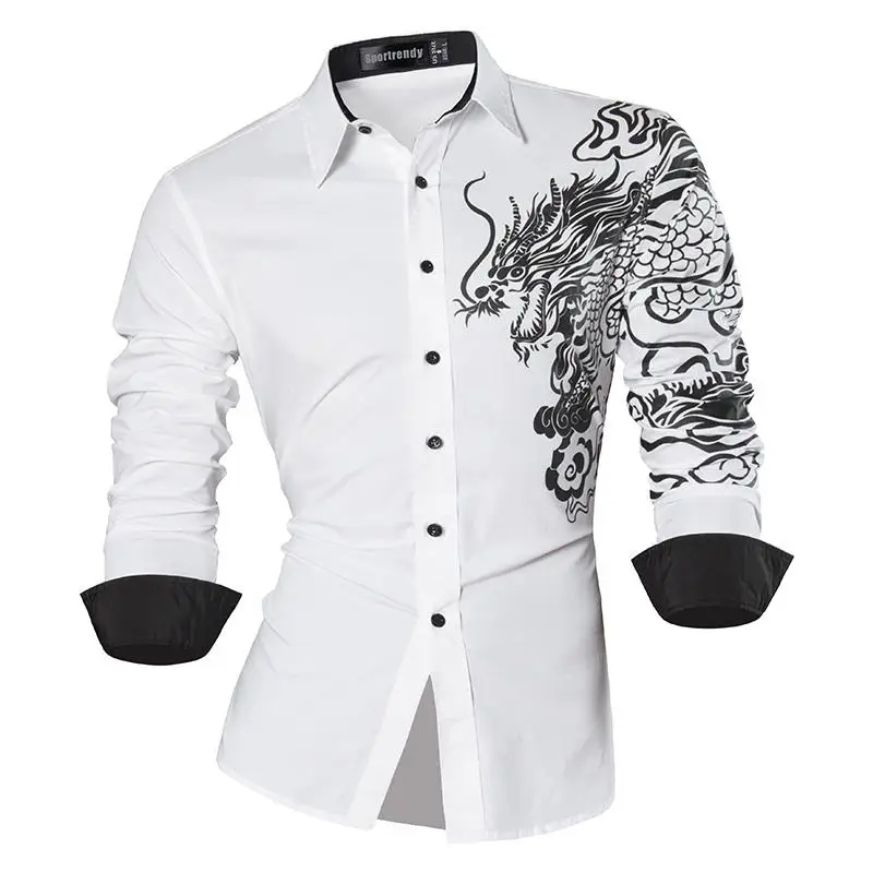 Sportrendy Мужская рубашка платье повседневное с длинным рукавом Slim Fit Мода Дракон
