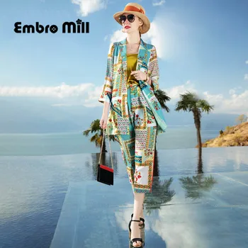 

Spring New Silk Printing Set Flocking Elegant Street Style V-Neck Coat + casual trousers S-XL