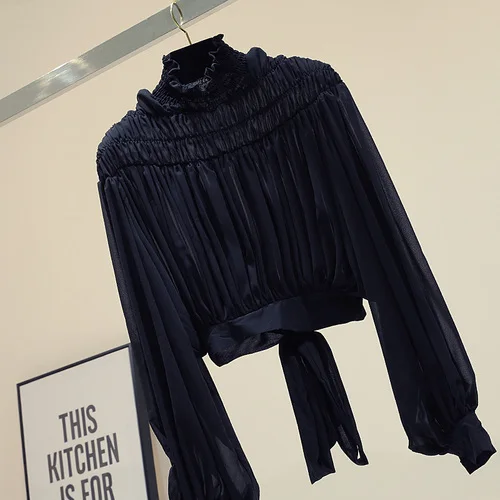 Осень, Blusas для женщин, корейский стиль, короткий ремень, куртка шифоновая, для девушек, женский, универсальный, укороченный топ, уличная рубашка, топы - Цвет: Черный