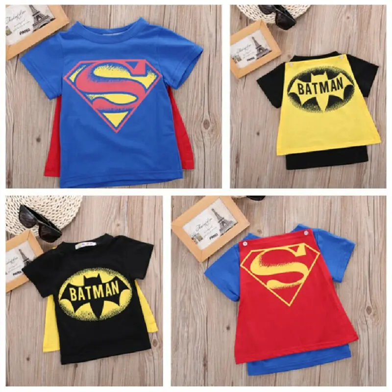 Kids Cartoon T shirt Baby Boys Batman Tee Top Cloak Cosplay Halloween Costume