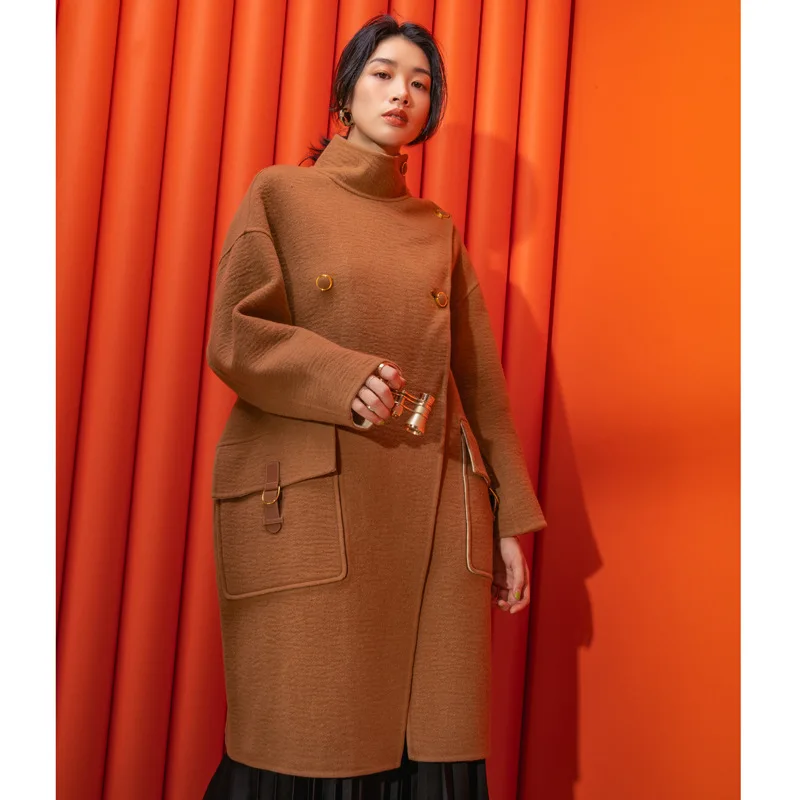 Коричневый Winter Autumn 50% Cashmere Coat Alpaca Warm Winter Coat Women Long Wool Coat Office Lady Slim Female Overcoat Oversize Plussize - Цвет: Коричневый