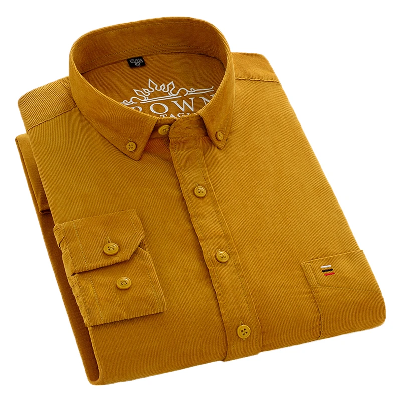 Aoliwen Brand Casual Men Corduroy Shirt Pure Cotton Long Sleeve yellow Thick Winter Regular Fit New Model Male Button Down Shirt linen short sleeve shirt