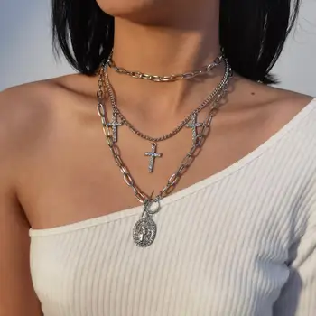 

KMVEXO Fashion Multilayer Hip Hop Long Chain Necklace For Women Men Jewelry Gifts Cross Pendant Necklace Punk Accessories