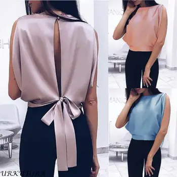 

Women's Summer Chiffon T-Shirt Behind Bow Tie Top Sleeveless Casual Top