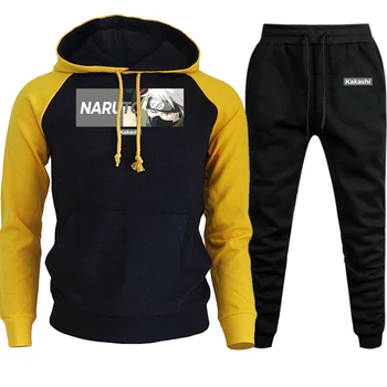 

Naruto Kakashi Cartoon Printed Hoodies Men Ragan 2019 Autumn Winter Streetwear+Pants Sets Anime Harajuku Fleece Suit Male Hooded