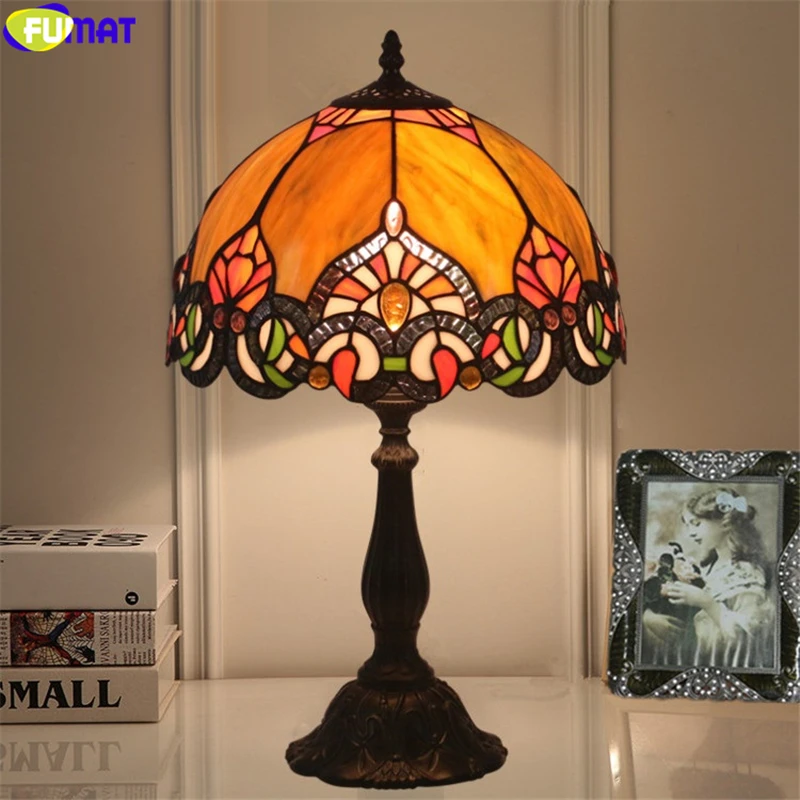 FUMAT Tiffany Style Desk Lamp Stained Glass Chili Gemstone Table Light Orang Color Lampshade Alloy Frame Base Handcraft Home Decro 4