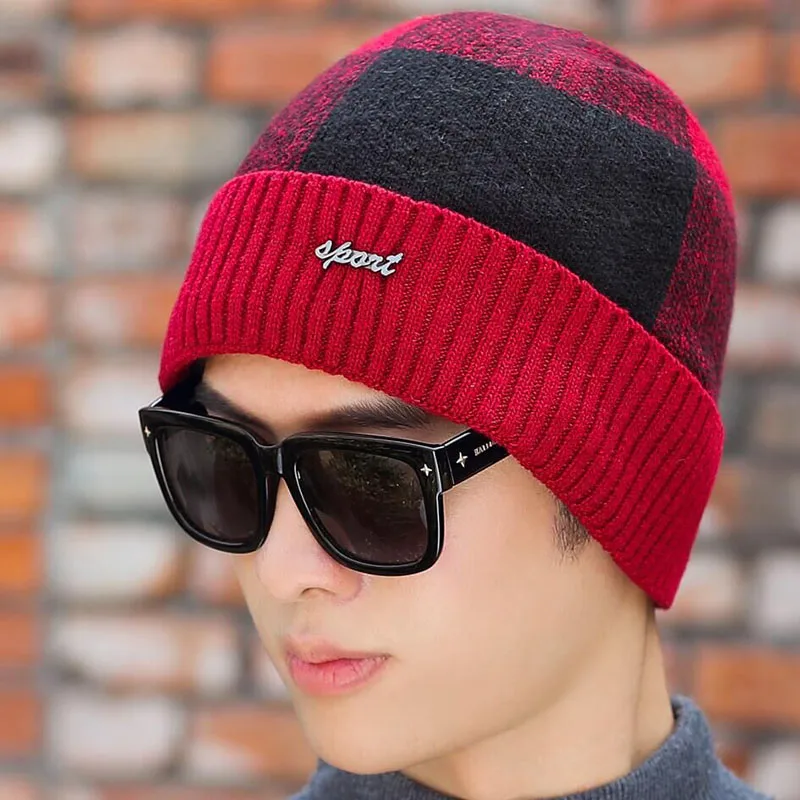 BINGYUANHAOXUAN двухслойный толстый бархат мужской вязаный шарф теплая зимняя шапка s для мужчин вязаные шапочки зимняя шапка - Цвет: Singlecap red