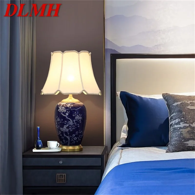 

DLMH Blue Ceramic Table Lamps Brass Modern Luxury Fabric Desk Light Home Decorative for Living Room Dining Room Bedroom