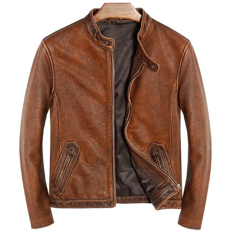 

Vintage Brown Men Classic Casual Genuine Leather Jacket Plus Size 5XL Slim Fit Real Cowhide Autumn Russian Leather Male Coat